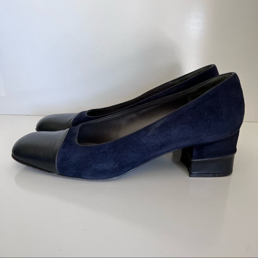 Bruno Magli Classic Suede Block Leather‎ Chunky Navy Heels Pumps - Picture 3 of 12
